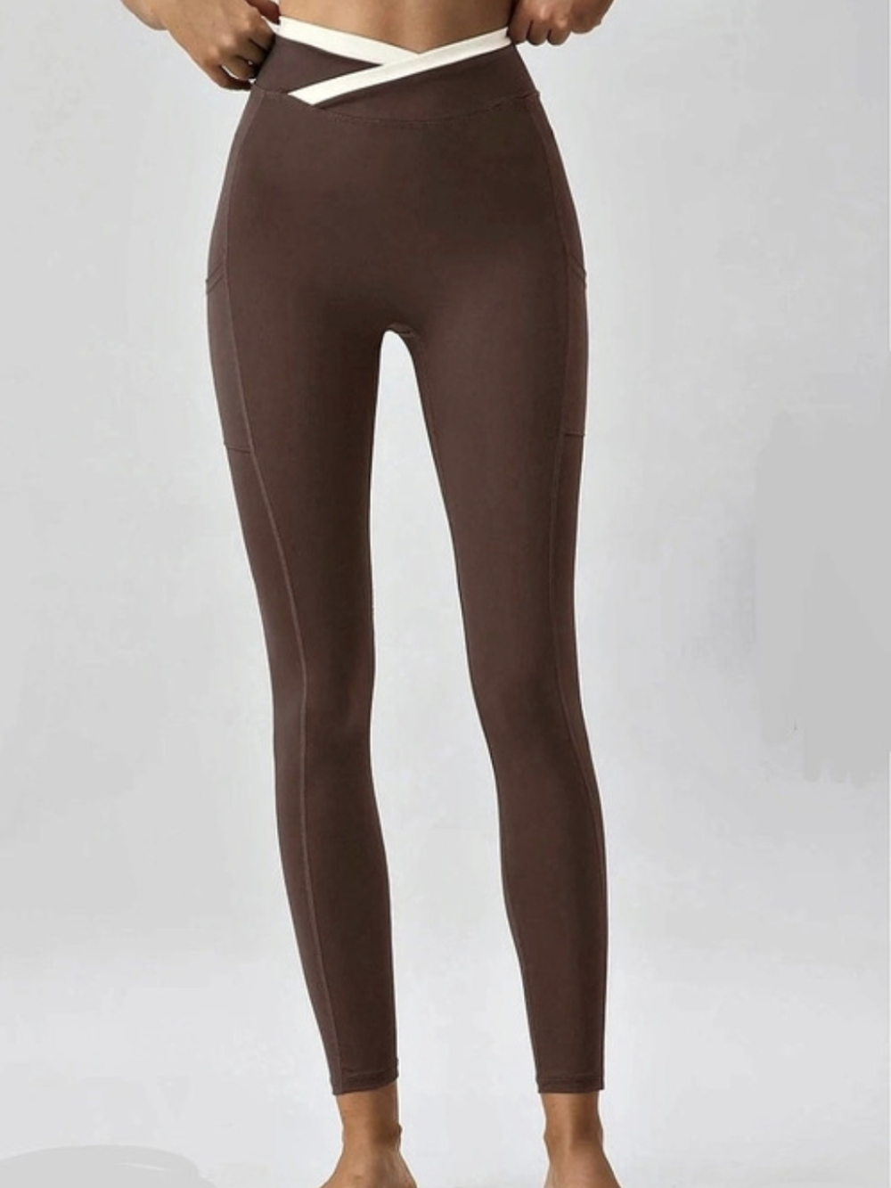 NWT Berlook Brown Leggings With Contrast Cream Crossover Waistband, Pockets Sz M